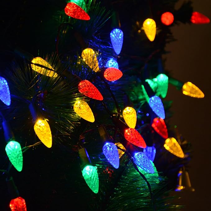 2 Pack Solar Christmas Lights Outdoor C6 Strawberry String Lights, LED Christmas Fairy Lights 50 LEDs Solar Operated Rechargeable Garden Lights for Christmas Tree, Holiday, Arbor Decor(Multicolor)