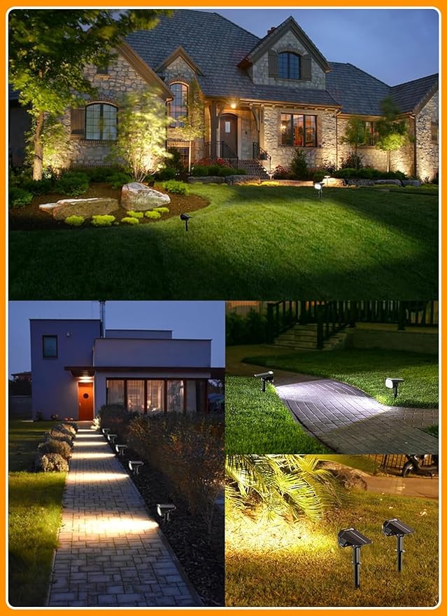 Brightown Solar Lights Outdoor Waterproof IP67, [Cool & Warm Light 2-in-1] Solar Spot Lights Outdoor, 2 Colors 3 Brightness Levels LED Outdoor Solar Lights for Yard Pathway Garden House, 2 Pack