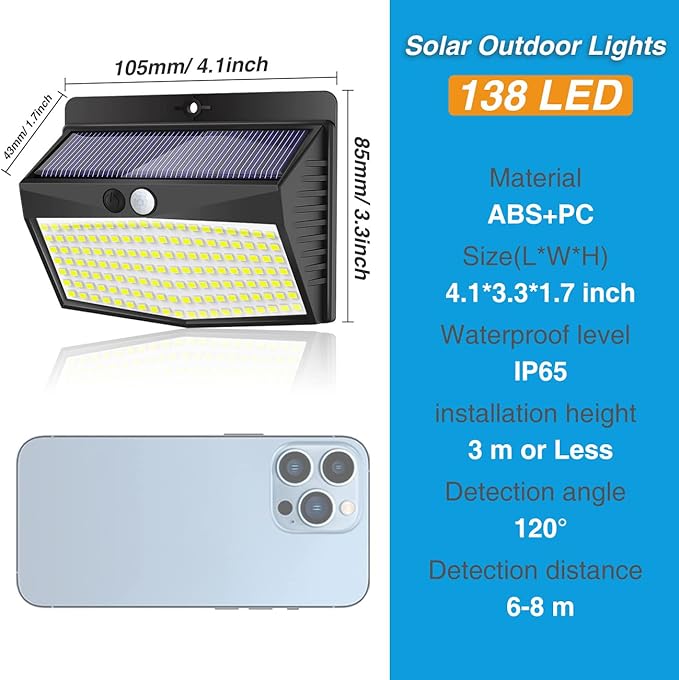 Solar Outdoor Lights - 138 LED, 15 Packs with Motion Sensor & 3 Lighting Modes - Waterproof, Solar Powered for Garden, Fence, Yard, Deck & Garage