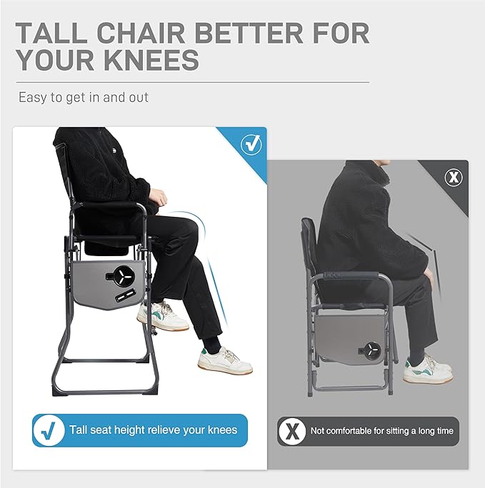 EVER ADVANCED Portable 30.7" Seat Height Tall Folding Camping Chair Directors Chair High Foldable Bar Stool with Side Table for Makeup Artist, Sports Event, Craft Show, Supports 350LBS Black Grey