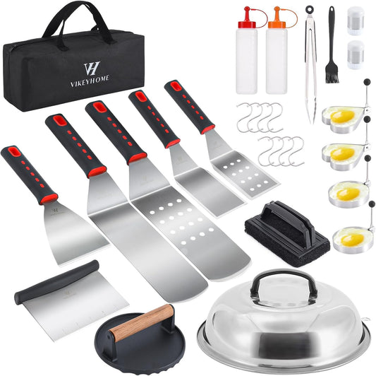Griddle Accessories Kit, 28 Pcs Flat Top Grill Accessories Set for Blackstone, Professional Grill BBQ Spatula Set with Basting Cover, Spatula, Scraper, Bottle, Tongs, Egg Ring
