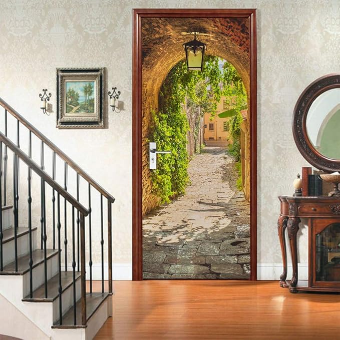 3D Door Stickers Murals Peel and Stick - TOSKANA Corridor - Door Wallpaper Self-Adhesive Door Decals Removable PVC Waterproof Door Poster for Bedroom Living Room Door Decoration 30.3 x 78.7 inch