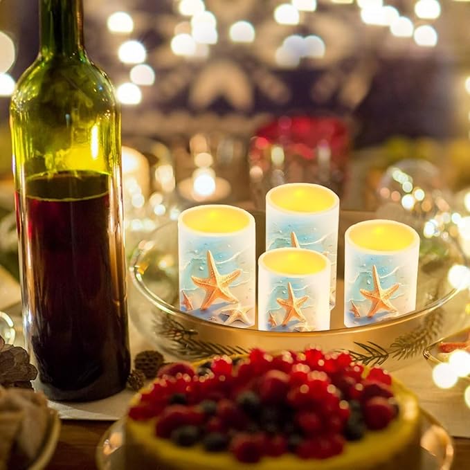 Flameless Candles Battery Powered LED Pillar Candle Tealights with Remote Timer Color Changing Control for Indoor Outdoor Coastal Home Decor Set of 4, Beach Starfish Blue