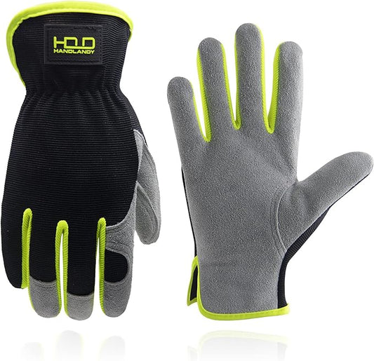 HANDLANDY Leather Work Gloves for Men & Women, Reinforced Durable Garden Gloves, Cowhide Working Glove for Gardening