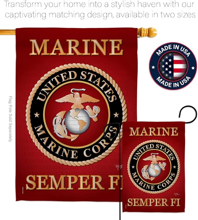 Marine Corps House Flag - 2 pcs Pack Armed Forces USMC Semper Fi United State American Military Veteran Retire Official - Decoration Banner Small Garden Yard Gift Double-Sided Made In USA 28 X 40