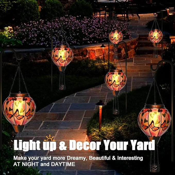 Hot Air Balloon Solar Lantern - Butterfly Stained Glass Lantern with Simulated Flickering Flame, Outdoor Hanging Yard Light Waterproof IP65 & Weather Resistant for Garden Patio Lawn Porch Decor Gfit