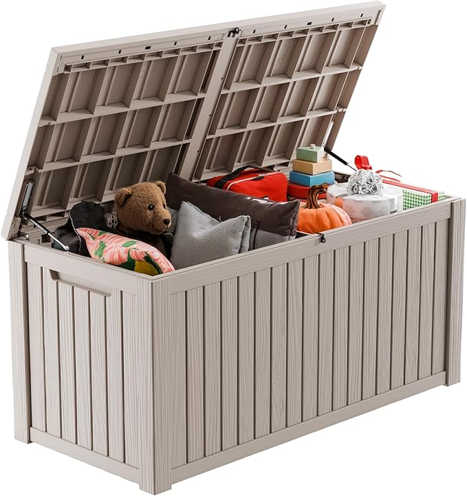 180 Gallon Outdoor Deck Box,Storage Lockable Waterproof Patio Furniture,Garden Tools,Cushions,Pool Accessories Outside Storage Resin Box(Grey)