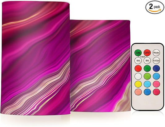 Flickering Flameless Candles, Fuchsia Gold Fluid Marble LED Candles with Remote Timer, Set of 2 Battery Operated Candle for Valentine Wedding Birthday
