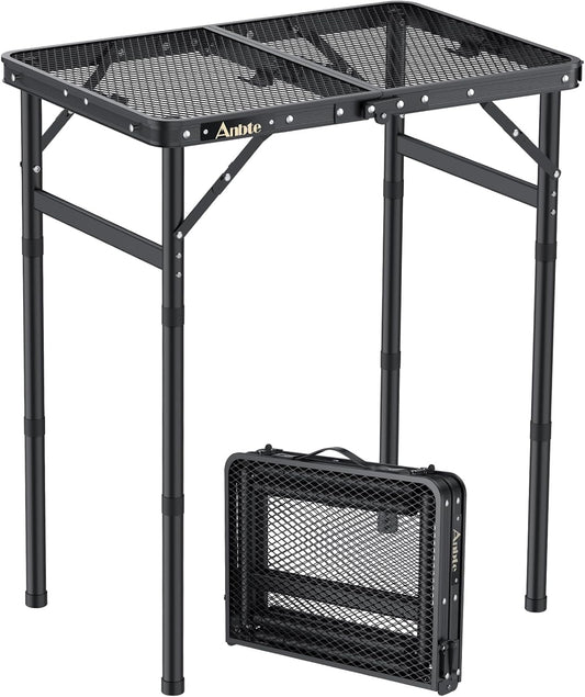Folding Grill Table, Aluminum Camping Table Adjustable Height Max 27.5" Picnic Table Outdoor Table, Lightweight, Portable Handle for Travel Cooking BBQ Picnic, 22.8" x 16", Black