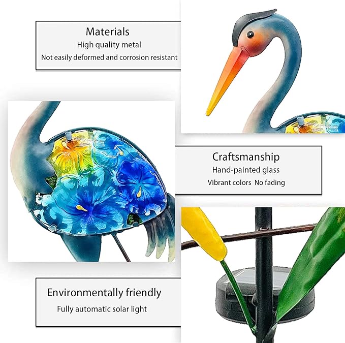 Heron Solar Garden Lights, Hand-Painted Glass Solar Garden Decor, Lawn Ornaments Solar Stake Lights Yard Art Solar Landscape Lights for Patio Lawn Yard Porch Decor