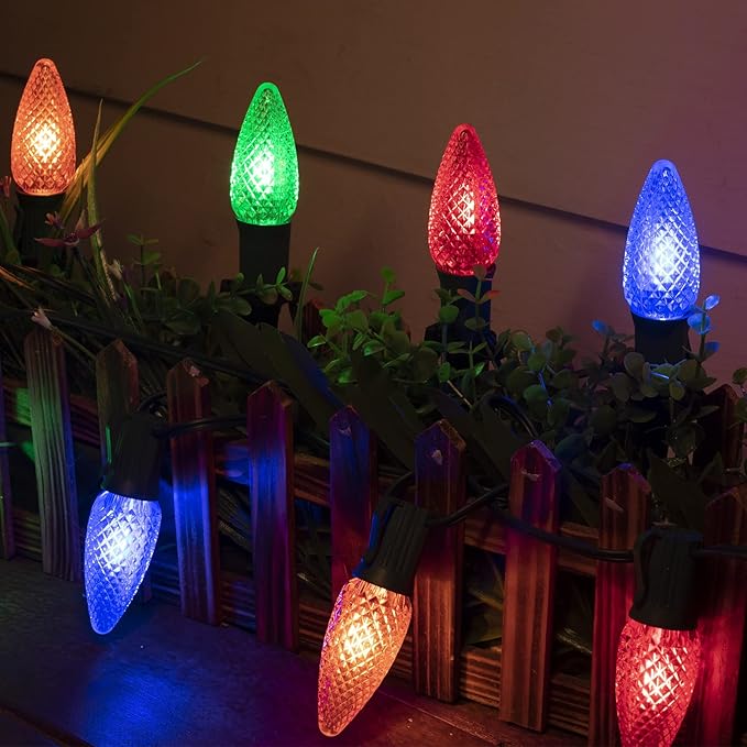 C9 Christmas Pathway Lights Outdoor, 25.7 Feet 20 LED C9 Strawberry Walkway Lights with Marker Stakes, Connectable Shatterproof C9 String Lights for Outside Yard Decorations, Multicolored, 4 Pack