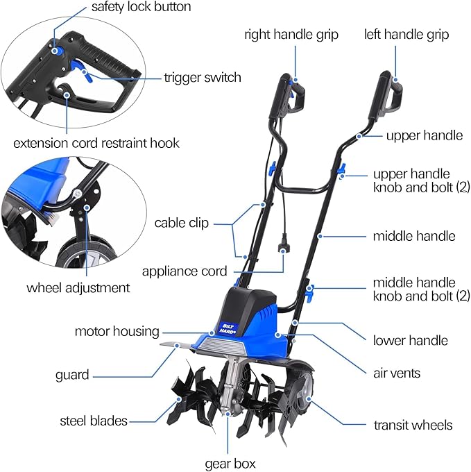 BILT HARD Tiller Cultivator 16 inch, 13.5 Amp 6 Steel Tines Tillers for Gardening Foldable, Electric Garden Rototiller with Adjustable Wheels