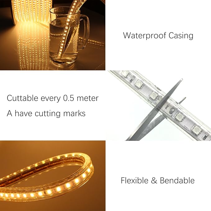 5050-60 Type AC 110-120V White LED Strip Lights, Flexible/Waterproof/Dimmable/Multi-Modes LED Rope Light + 23 Keys Remote for Home/Garden/Building Decoration (32.8ft/10m, White 6000K)