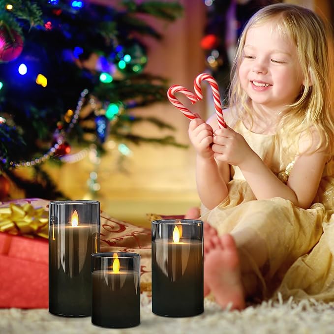 Glass Realistic Flickering Flameless Candles with Remote Timer, LED Pillar Candles Battery Operated with 3D Wick, Real Wax Fake Candles Home Decor for Wedding Festival Party