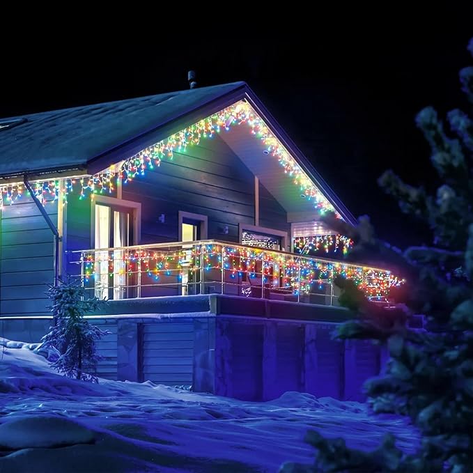 JMEXSUSS Icicle Christmas Lights, 200 LED Multicolor Indoor Outdoor Waterproof, 8 Modes Decorations for Xmas Roof Party Holiday