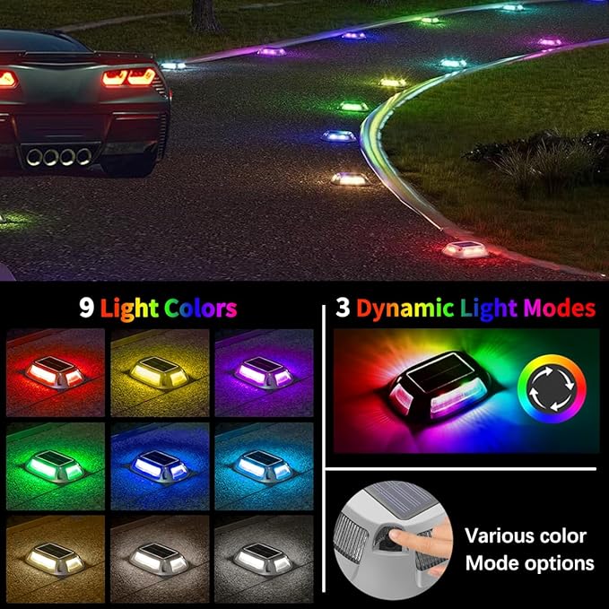 Solar Driveway Lights Dock Deck Lights 4 Pack, 9 Colors in 1, LED Driveway Markers Deck Lights IP68 Waterproof Outdoor Solar Powered Warning Step Lights for Pathway RGB