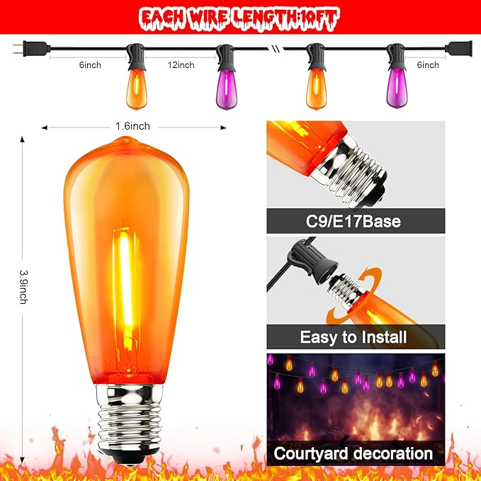 10Ft LED Outdoor String Lights, Halloween Orange Purple Lights with 10 0.6W ST40 LED Bulbs, Waterproof Connectable Patio Lights for Indoor Outdoor Backyard Garden Halloween Christmas Holiday Decor