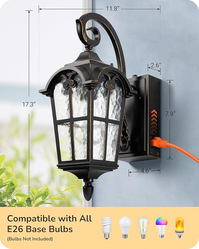 EDISHINE 2 Pack Dusk to Dawn Outdoor Wall Lights, Porch Lights with GFCI Outlet, Retro Black Outdoor Wall Lantern, Waterproof Outside Exterior Light Fixture for Front Door, Patio, Garage, E26 Socket