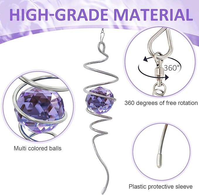 Wind Spinner Spiral Tail, Gazing Ball Spiral, Decorative Sun Catcher Rainbow Maker 11inch Tail and 2 inch Purple Crystal Orb with Swivel Hook, Indoor & Outdoor Garden Decoration 13" Height