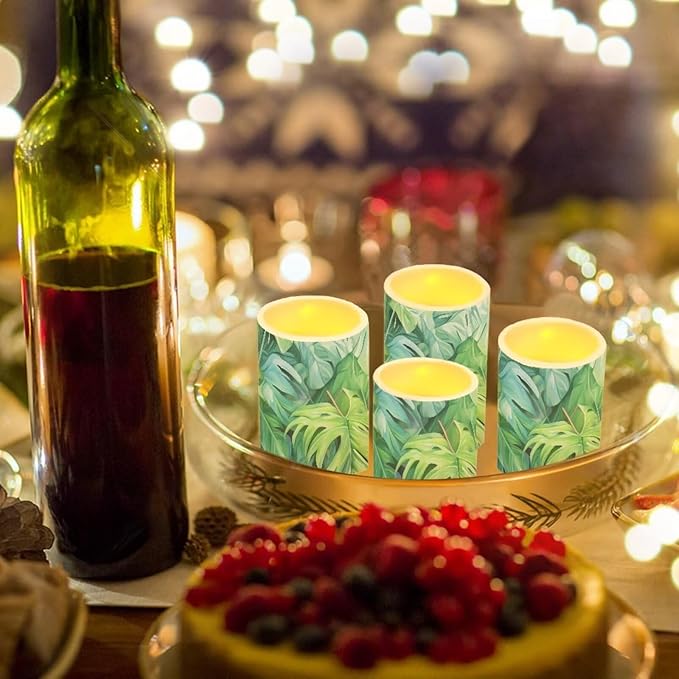 Flameless Light Candles Battery Operated Candles with Color Changing Timer Remote Control Fake Pillar Candles Tealights Home Indoor Desktop Decorations, Green Monstera Leaf