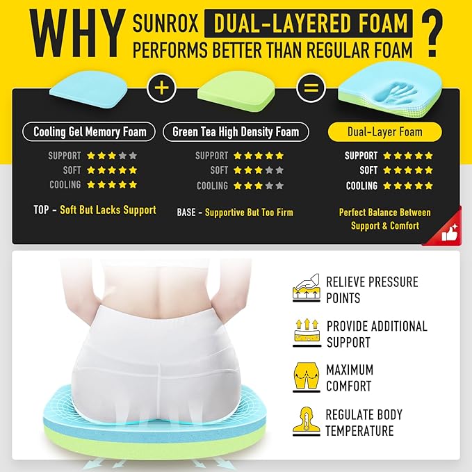 SUNROX Gel Memory Foam Chair Cushions, FadeShield Water-, Stain-Resistant Durable Reversible Seat Cushion Pads with Ties for Indoor/Outdoor Kitchen Dining Office, 19"x19", Set of 4, Heather Charcoal
