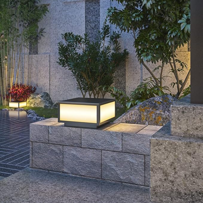 Pillar Lamp Post Light, Tempered Glass Shade，Fence Deck Cap Light Lantern Column Lamp for Flat Surface Patio Garden Decoration with IP55 Waterproof E26 LED Bulb (Electric Powered)