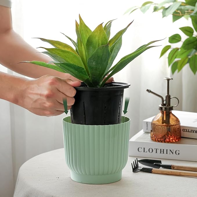 T4U 4.5 Inch Self Watering Pots for Indoor Plants, 6 Pack Green Plastic Flower Pots for All House Plants, Flowers, African Violets