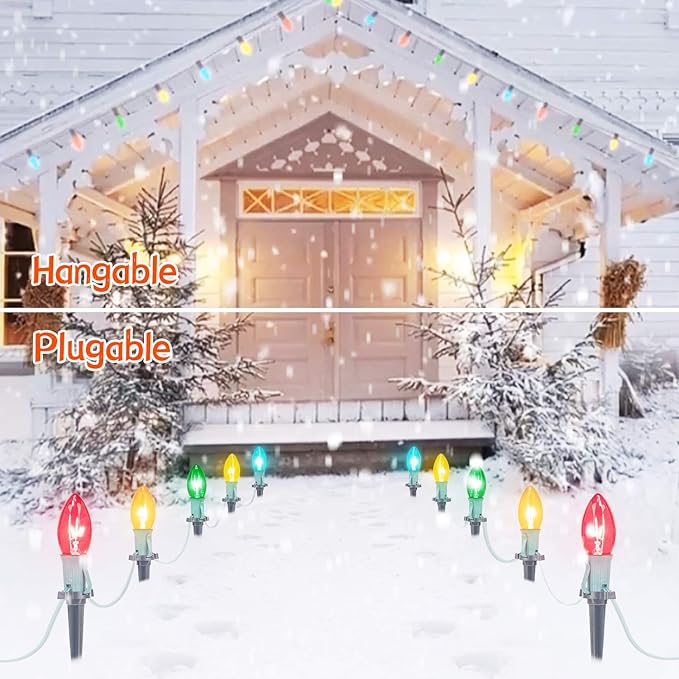 Brightown C9 Christmas Pathway String Lights Outdoor - 4 Pack Total 102.8 FT 80 Clear Lights with 80 Stakes, Connectable Waterproof Walkway Lights for Indoor Xmas Party Holiday Decoration, Multicolor