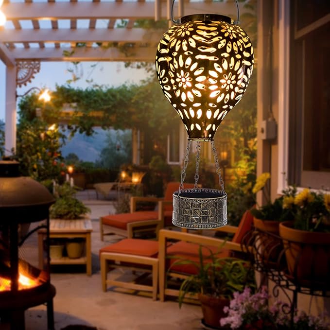 Hot Air Balloon Solar Lantern,Hanging Lantern Outdoor Waterproof Decorative Metal LED Solar Lights for Trees Patio Garden Yard Porch Decor, Gold