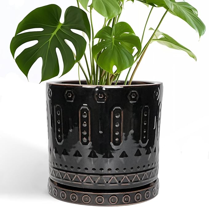 Ceramic Planter for Indoor Plants - 10 Inch Plant Pots with Drainage Hole and Saucer, Round Decorative Flower Pots Outdoor, Boho Large Planter, Room Decor, House Warming Gifts, Black
