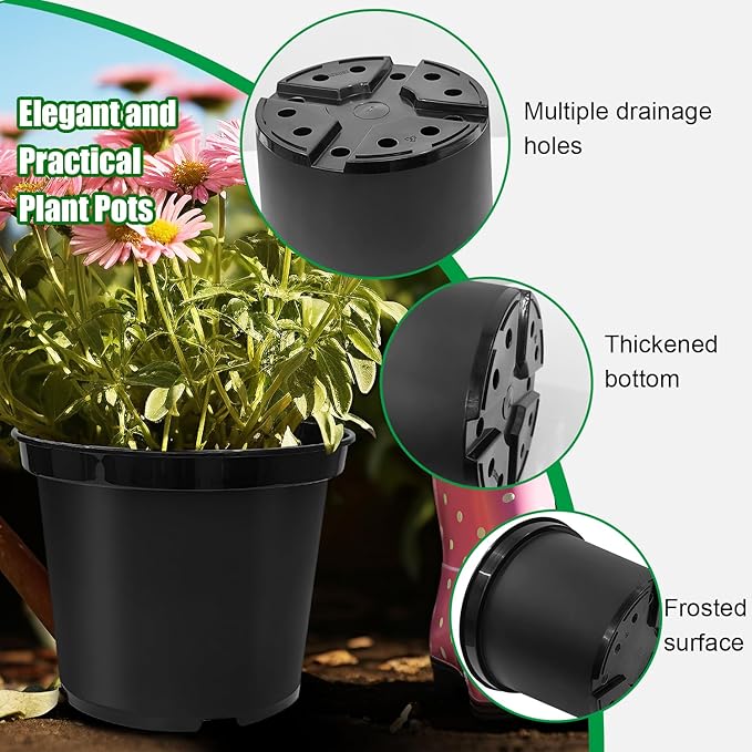 5 Gallon Pots for Plants, 12 Inch Plastic Nursery Pots with Drainage Holes, Round Sturdy Garden Pots for Outdoor Indoor Plants, Deep Nursery Plant Pots Planter, (5-Pack, Black)