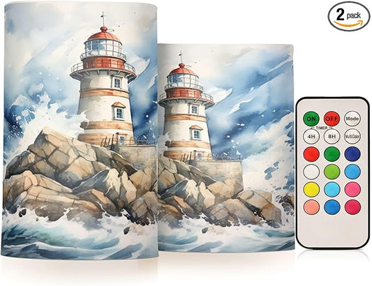 Flickering Flameless Candles, Lighthouse Ocean LED Candles with Remote Timer, Set of 2 Battery Operated Candle for Valentine Wedding Birthday