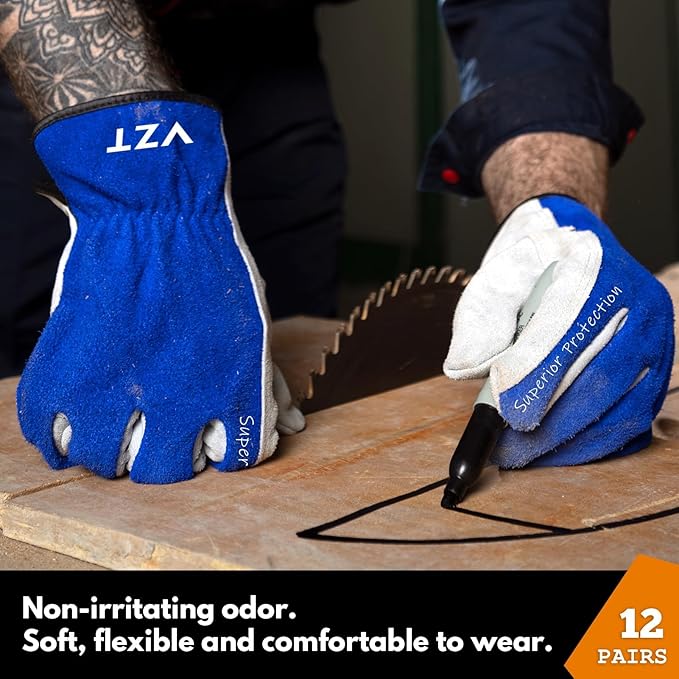 12 Pairs Bulk Leather Work Gloves for Men or Women for Construction, Wood cutting, Driving, Gardening, Automotive Repair, Water Resistant, Soft, Cowhide, Class 4 Abrasion Resistant, Blue-White, XL