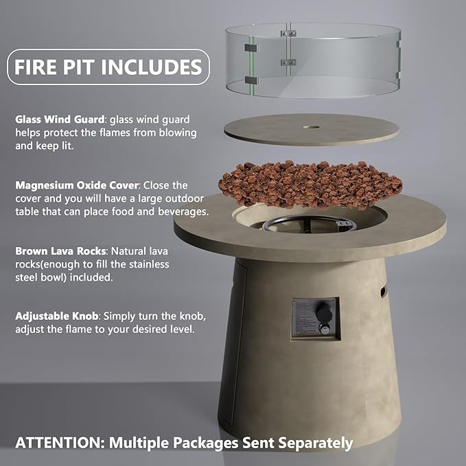 COSIEST 31.5-inch Round Fire Pit, Magnesium Oxide Outdoor Propane Fire Table, CSA Certified, 40,000 BTU Stainless Steel Burner, Free Lava Rocks, Fits 20lb Tank Inside