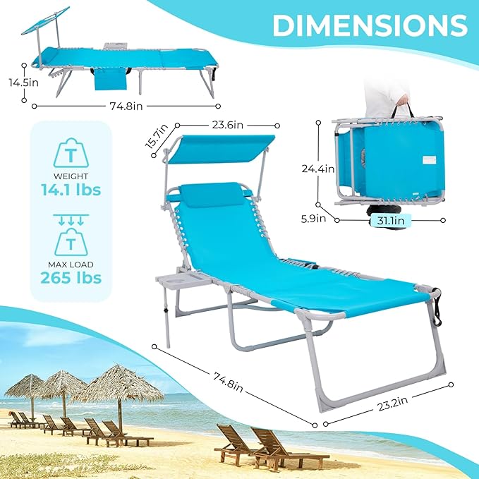 #WEJOY 4 in 1 Tanning Chair with Face Hole & Canopy & Side Table, 5 Positions Adjustable Folding Waterproof Facedown Chaise Lounge with Pillow Quick Dry for Beach Pool Outdoor Camping Patio (Blue)