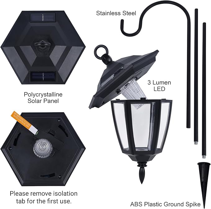 Dynaming 2 Pack Solar Hanging Lights Outdoor, Solar Powered Garden Decorative Lanterns with 2 x 38 Inch Shepherd Hooks, Waterproof Landscape Lighting for Lawn Patio Yard Pathway Driveway, Warm White