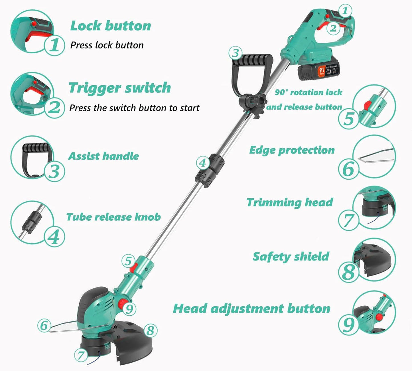 Electric Weed Wacker Cordless,21V Electric Weed Cordless Eater Battery Powered with 2 x 4.0Ah Batteries, 3-in-1 Grass Trimmer/Edger/Brush Cutter, String Trimmer, Adjustable Shaft