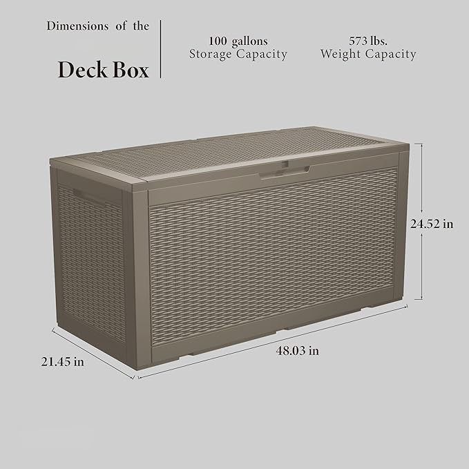 100 Gallon Outdoor Storage Box Waterproof Lockable Resin Deck Box Large, Patio Storage Bin for Pool Accessories Cushion Furniture, Garden Tools, UV-Resistant Outside Delivery Grey