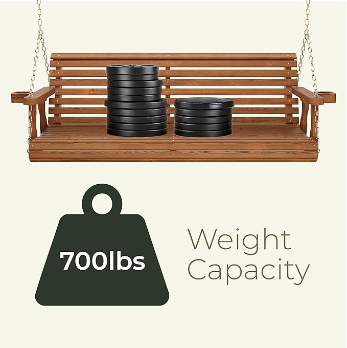 Amish Casual 4 Foot Roll Back Porch Swing with Cup Holders in Oak Stain - Amish Made in The USA from Treated Pine Heavy Duty 700 Lb. Weight Capacity