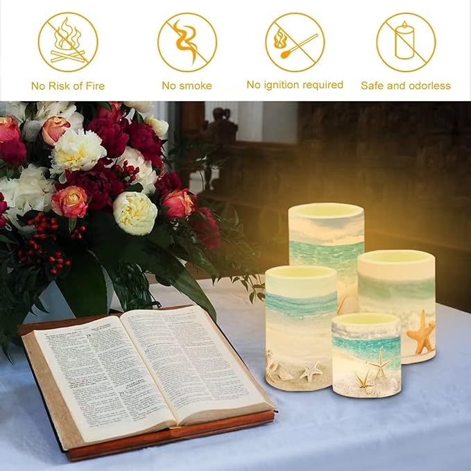 Flameless Candles Battery Powered with Multicolor Timer Remote Control Everlasting Fake Candles for Party Garden Indoor Outdoor Decor, Various Beach Starfish
