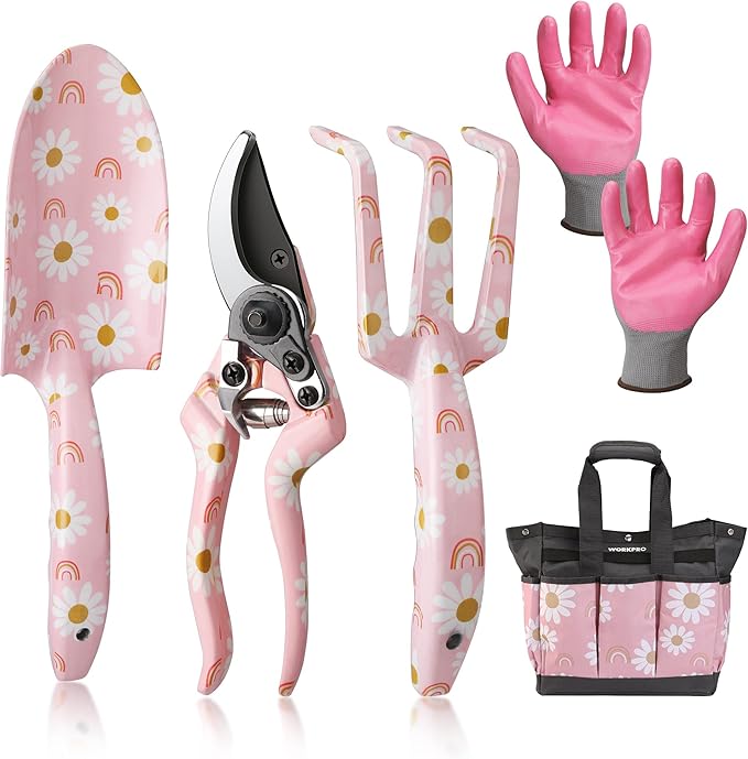 WORKPRO 5PCS Garden Tool Set, Aluminum Heavy Duty Gardening Tool Set with Garden Tool Bag, Outdoor Garden Hand Tools, Pink, Garden Gifts