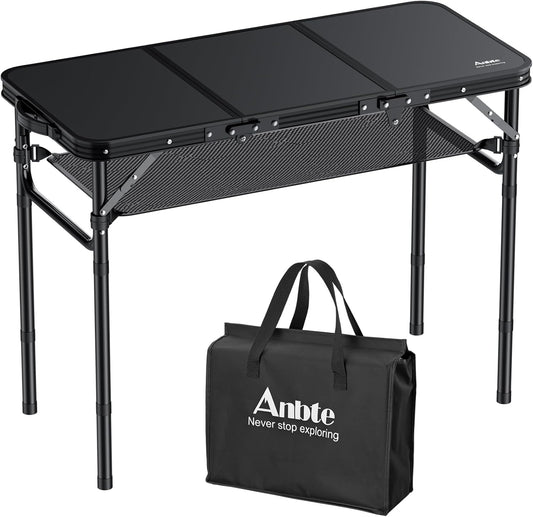 Folding Camping Table with Storage Net, 3ft Camping Table Aluminum Folding Table with 3 Adjustable Height Max 27.5 Inch Picnic Table Portable Table for Outdoor Backyard BBQ, Pure Black