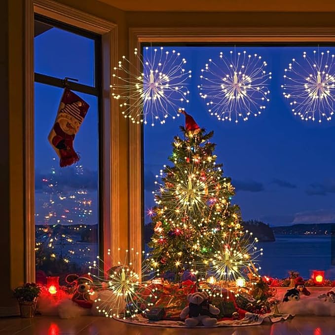 Firework Lights,10 Pack LED Copper Wire Fireworks Lights Fairy Lights Christmas Hanging Dimmable String 8 Modes Waterproof with Remote Control