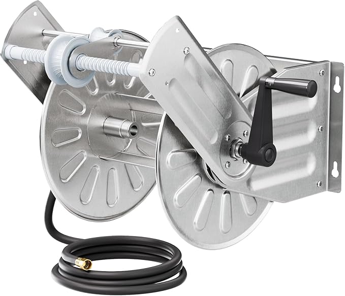 GREENER Stainless Steel Hose Reel for Outside,Wall Mount Garden Hose Holder Heavy Duty Metal Reel, 3/4" Solid Connector with 5/8" Inlet Hose and Crank,100-Feet 5/8" Hose Capacity