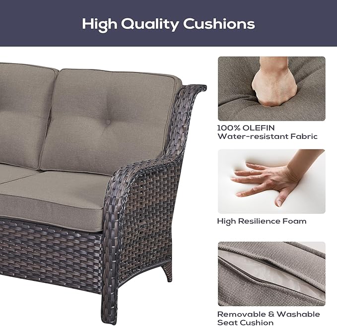 Outdoor Patio Furniture Set with Propane Fire Pit Table, 7 Pieces Wicker Patio Conversation Set with 2 Swivel Glider Rocker Chair Rattan Sofa Grey Cushion Perfect for Casual Gathering
