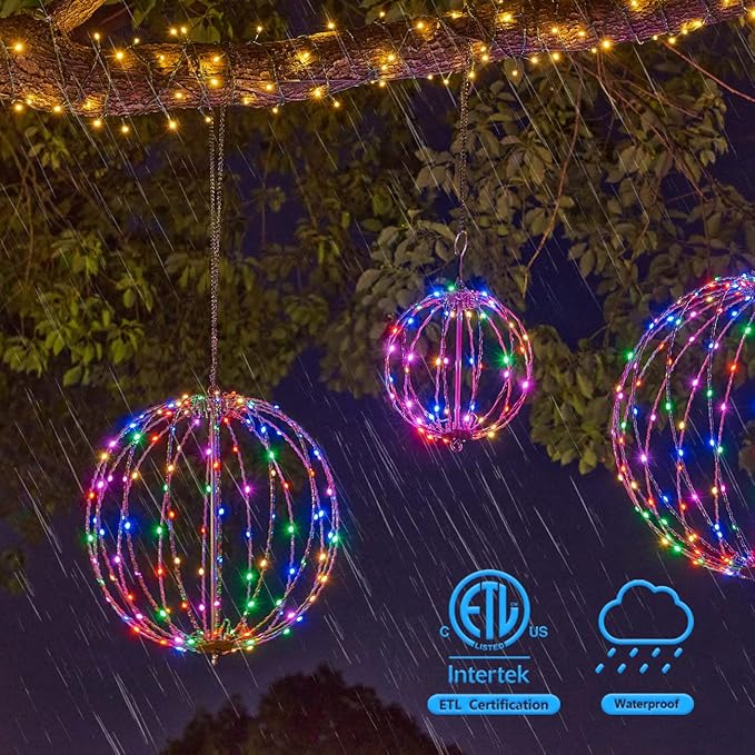 Christmas Ball Sphere, 10IN 48LED Hanging Tree and Pathway Light With Hook and Stake, Foldable Metal Frame Ball for Outdoor Garden, UL Listed, White Frame, RGB