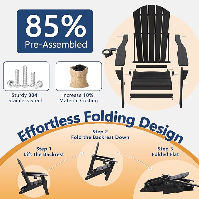 Folding Adirondack Chair Set of 3 with Cup Holder, HDPE All Weather Resistant Plastic Outdoor Patio Chairs, Heavy Duty Fire Pit Seating for Backyard Lawn Garden, Wooden Textured Design(Black)