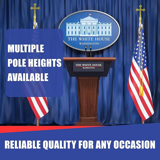 Super Tough Indoor Flag Pole kit 7ft - Plastic Cross - Gold Texture Base - Aluminum Flagpole with Brass Finish - Heavy Duty Inside House Flagstaff - Interior Shaft and Stand - No Ensign Included