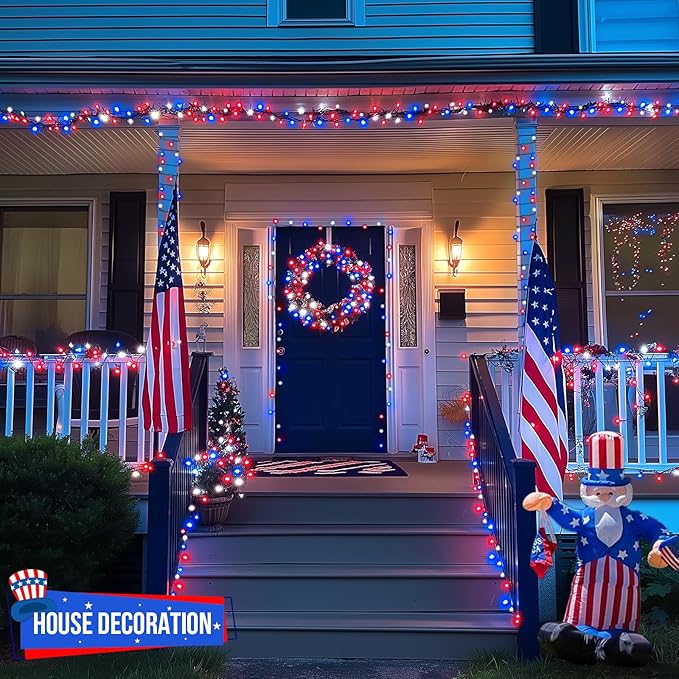 JMEXSUSS 500 LED Red White and Blue Lights 4th of July Decorations, 173ft 8 Modes 4th of July Lights Outdoor, Waterproof Patriotic String Lights Plug in for Memorial Day Independence Day Holiday Decor