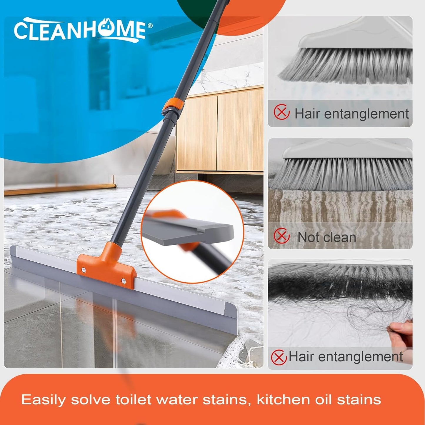 Rubber Floor Squeegee for Concrete Floor, Tile Floor, Metal Aluminium Heavy Duty Garage Shower Floor Squeegee Broom for Removing Water, Commercial Scrubber Mop with Extendable Long Handle